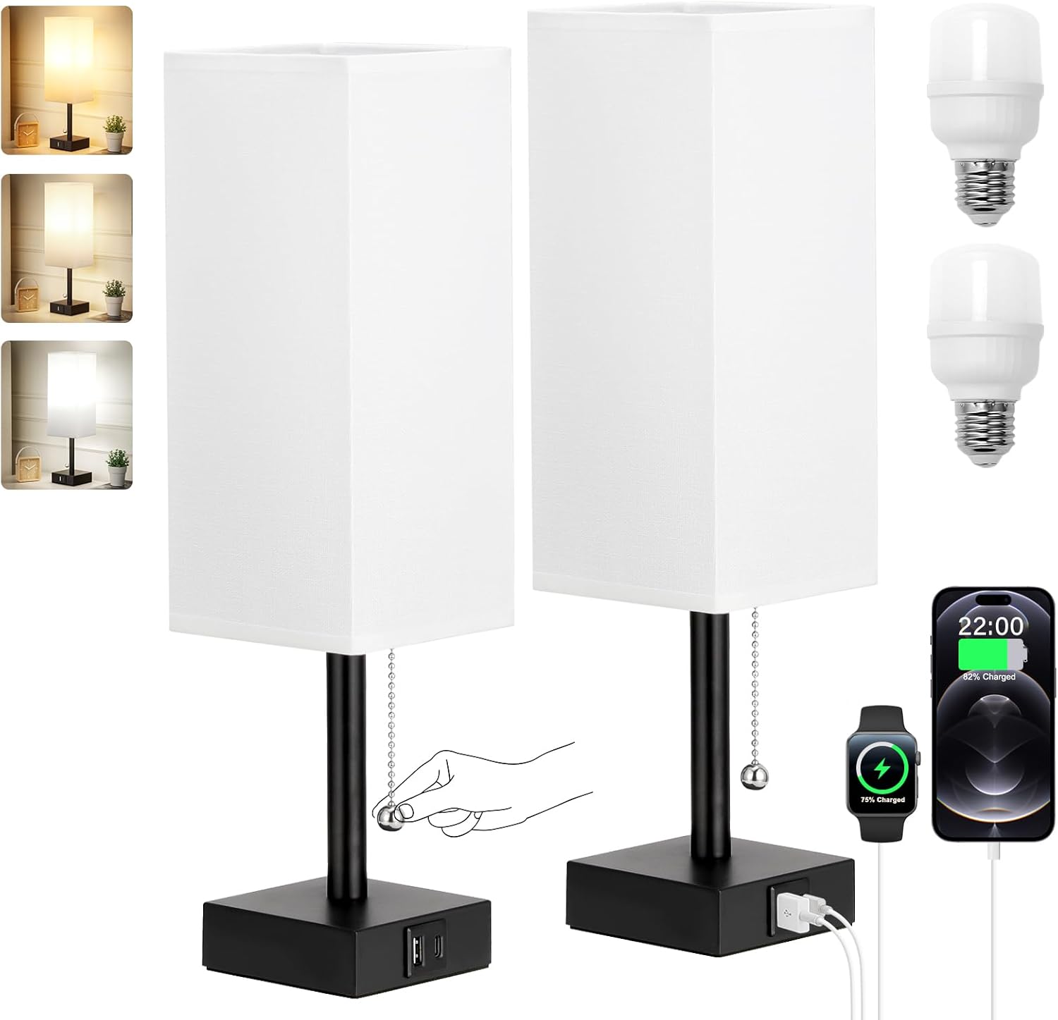 Bedside Lamps Set of 2 - White, 3 Color Temperatures, USB Charging, Pull Chain N...