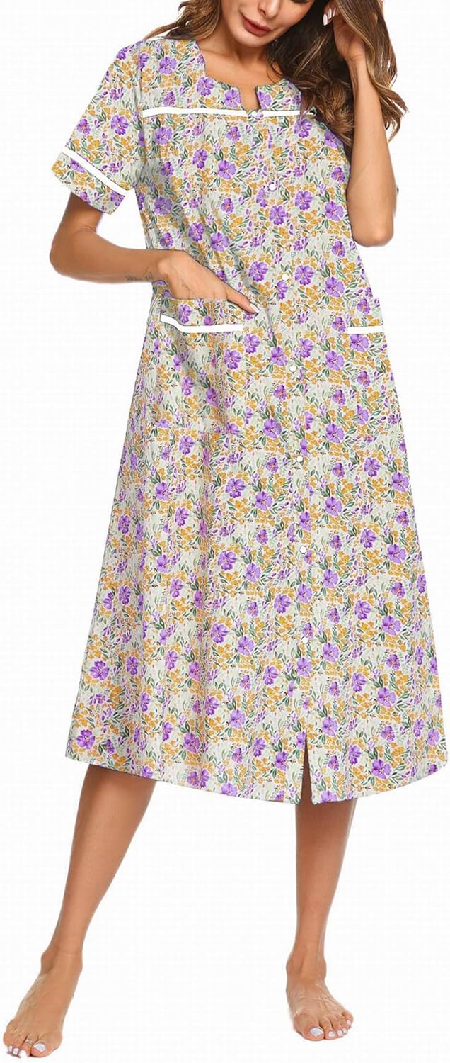 Ekouaer Women's Snap Front Dusters, Special Cotton Housecoat, Unique Short Sleev...