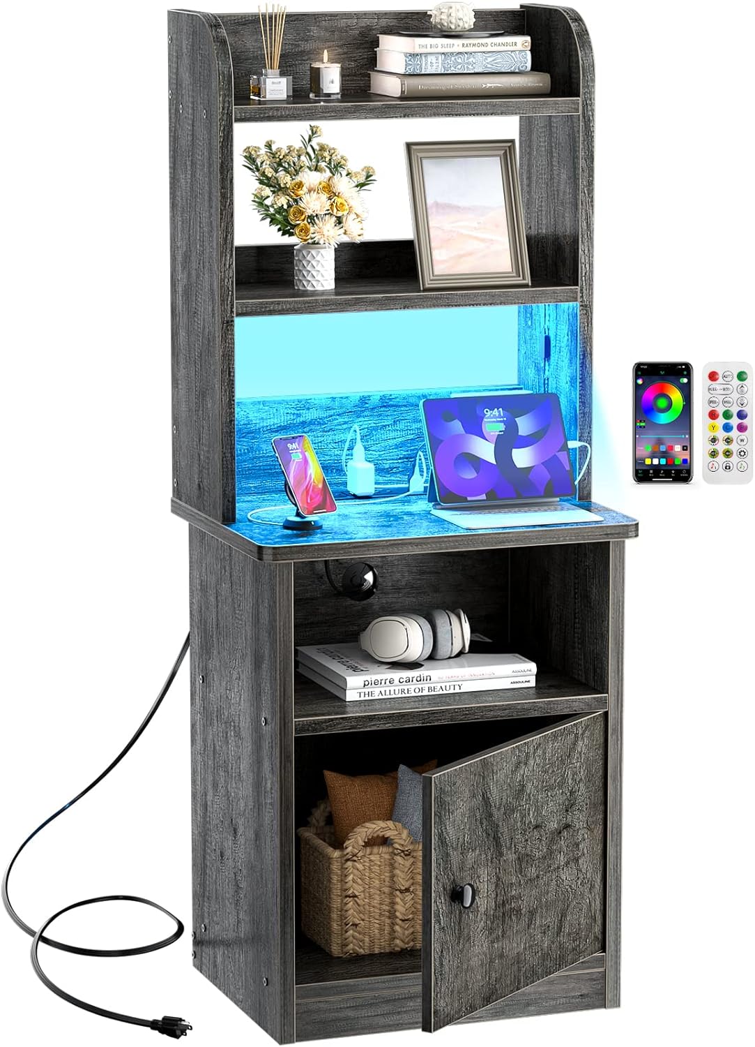 Tall Nightstand with Charging Station and LED Lights - 47" Tall Bedside Table wi...