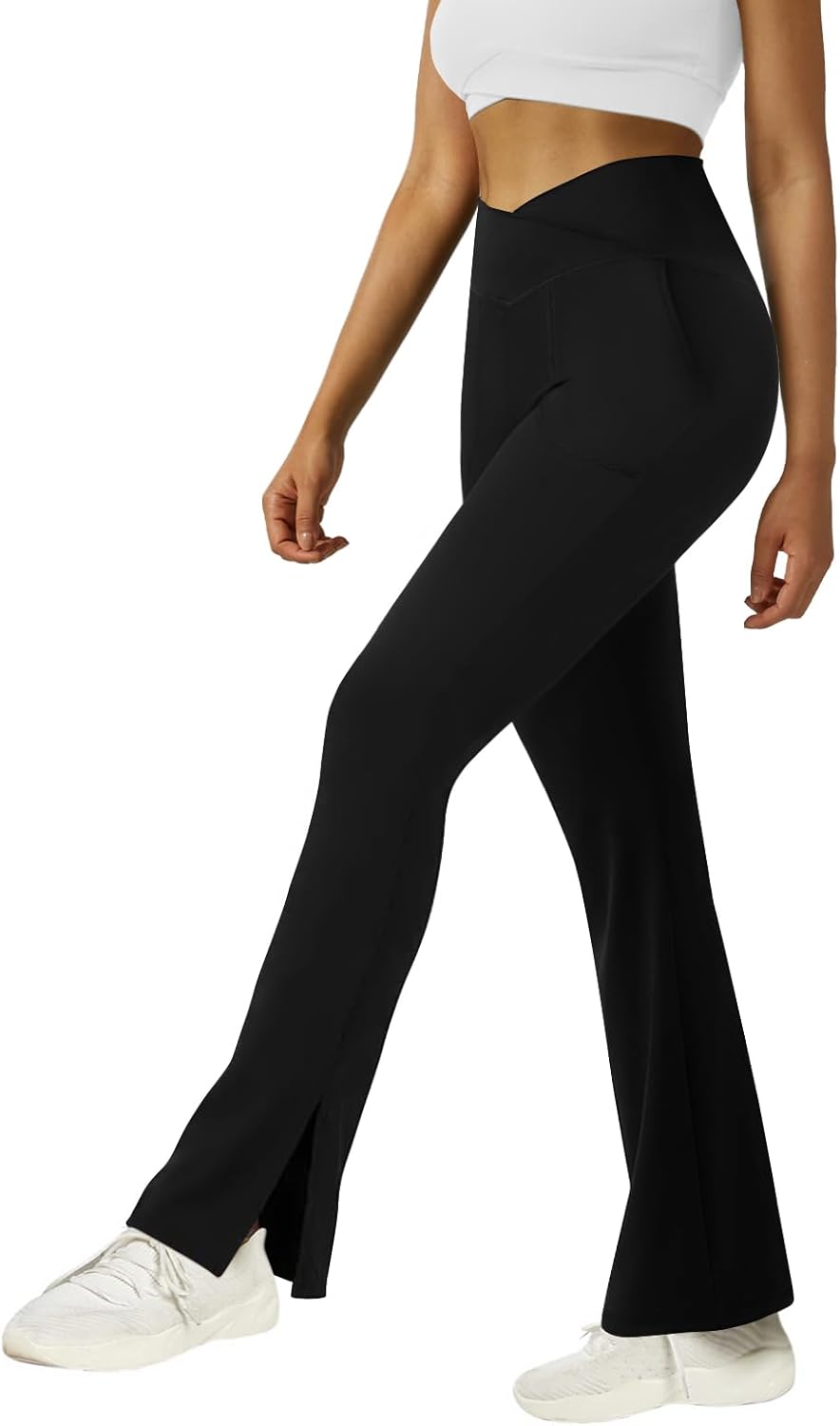 FARUNGS Womens Crossover Flare Yoga Pants High Waisted Split Hem Flare Leggings...