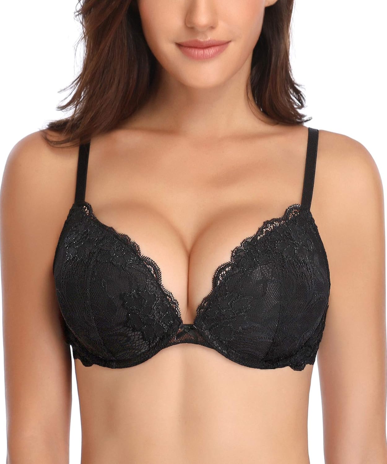 Deyllo Women's Push Up Lace Bra Sexy Deep V Lift Up Bra Underwire Padded Comfort...
