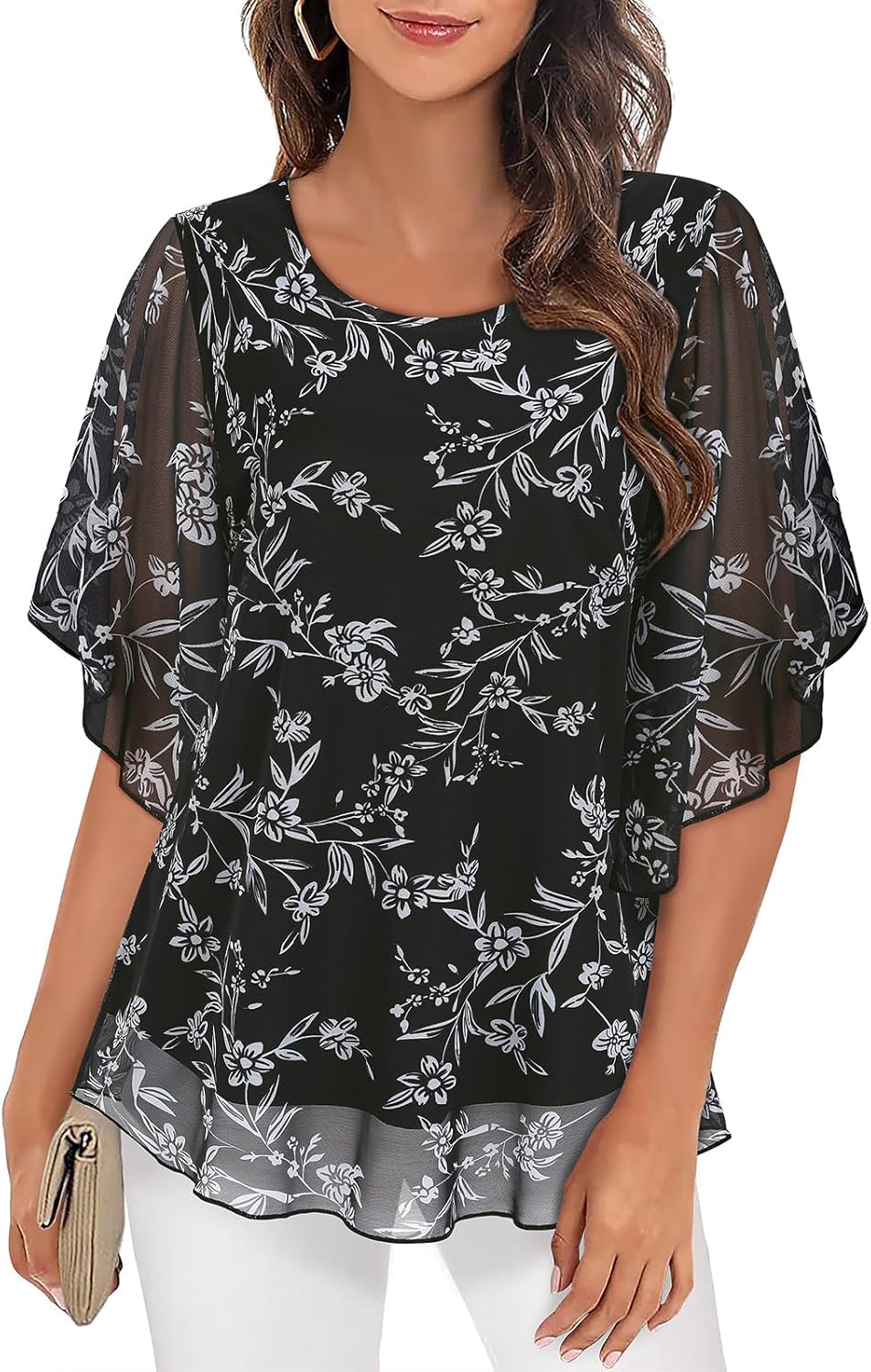 Syphiby Womens Blouses Ruffle 3/4 Sleeve Mesh Ladies Tops Chiffon Double-Layered...
