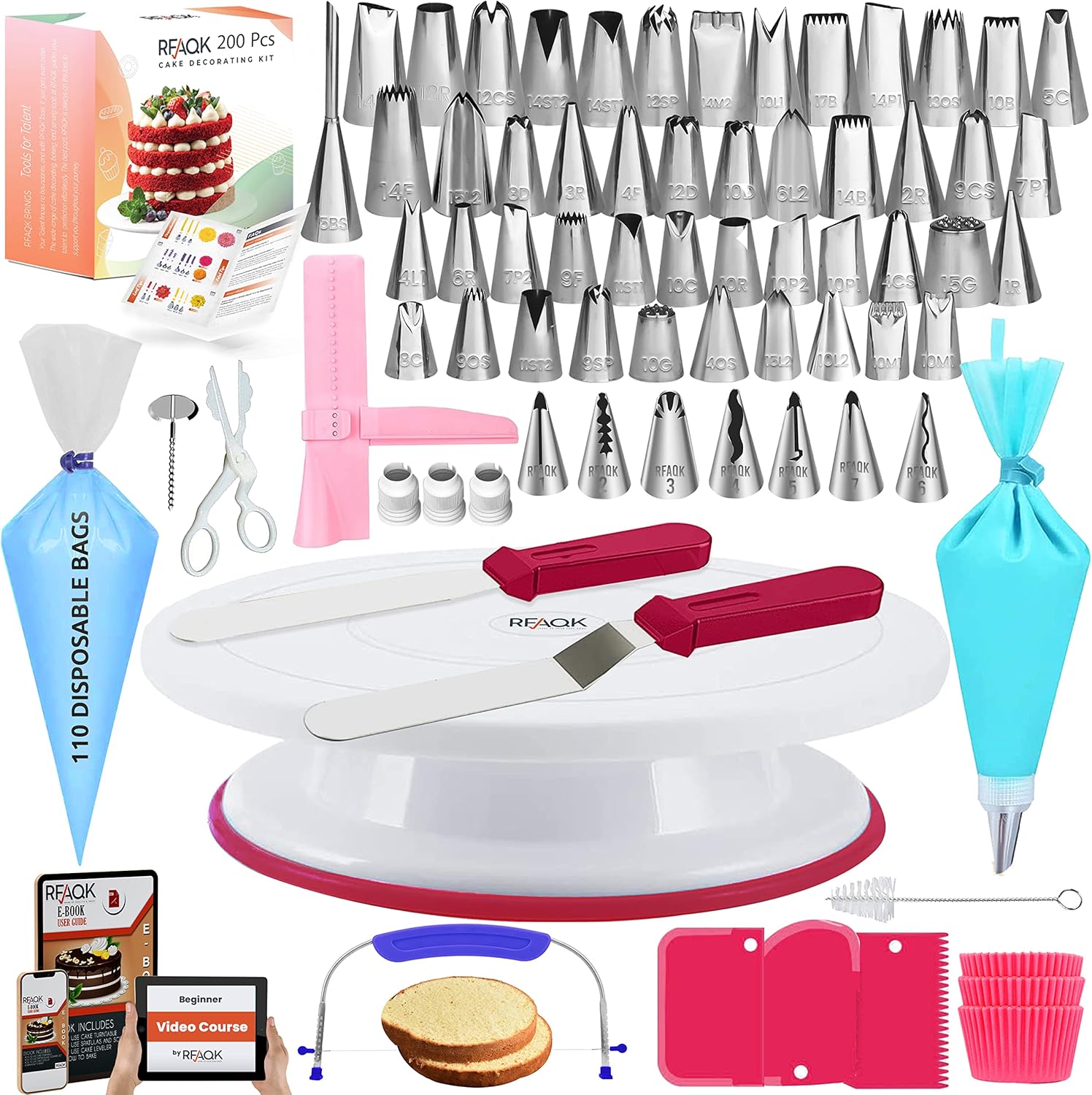 RFAQK 200PCs Cake Decorating Kit for Beginners with Turntable for Decoration - P...