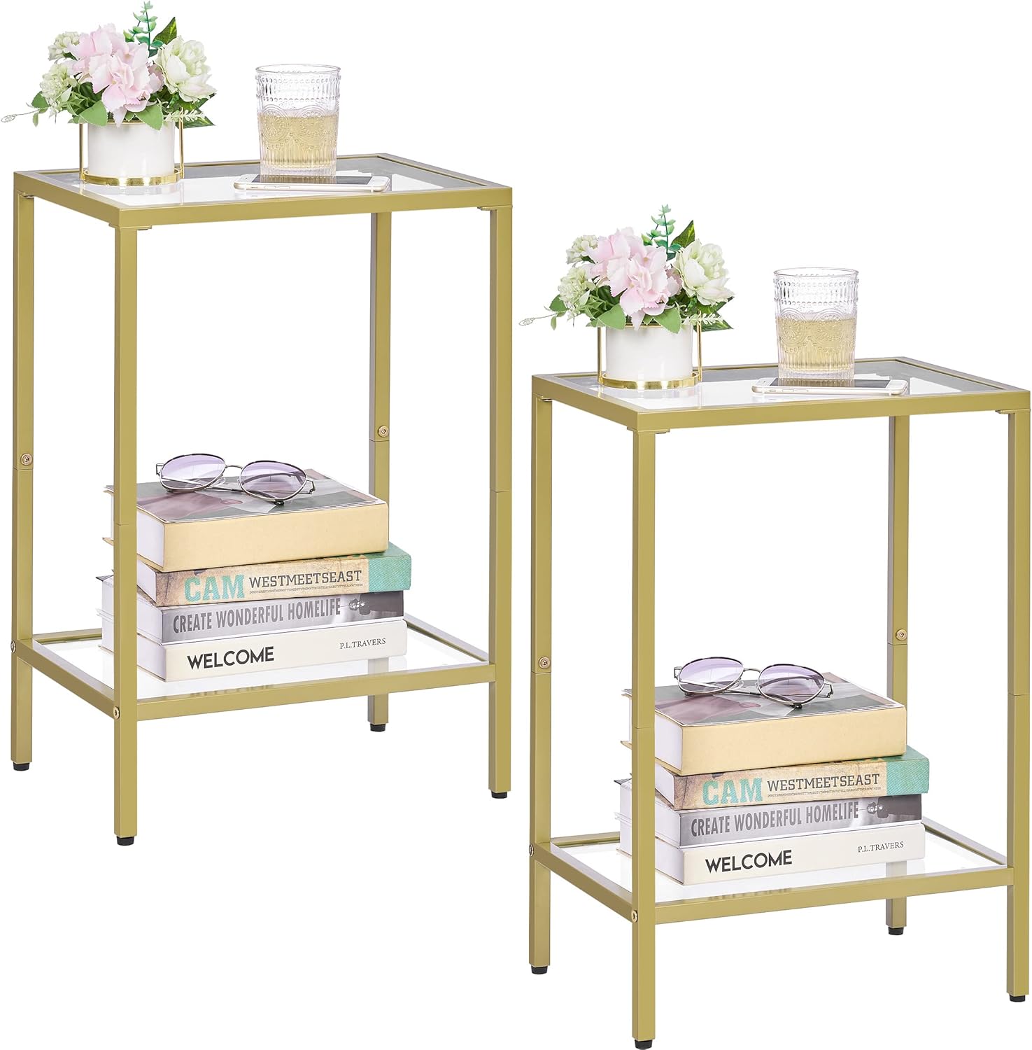 Side Tables Set of 2, High-Quality End Tables with Tempered Glass, Modern 2-Tier...