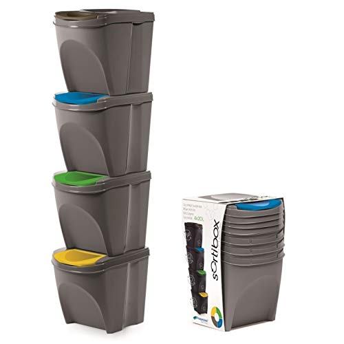KrysGo 20 Litre Large Stackable Recycling Sorting Colour Coded Plastic Bins with...
