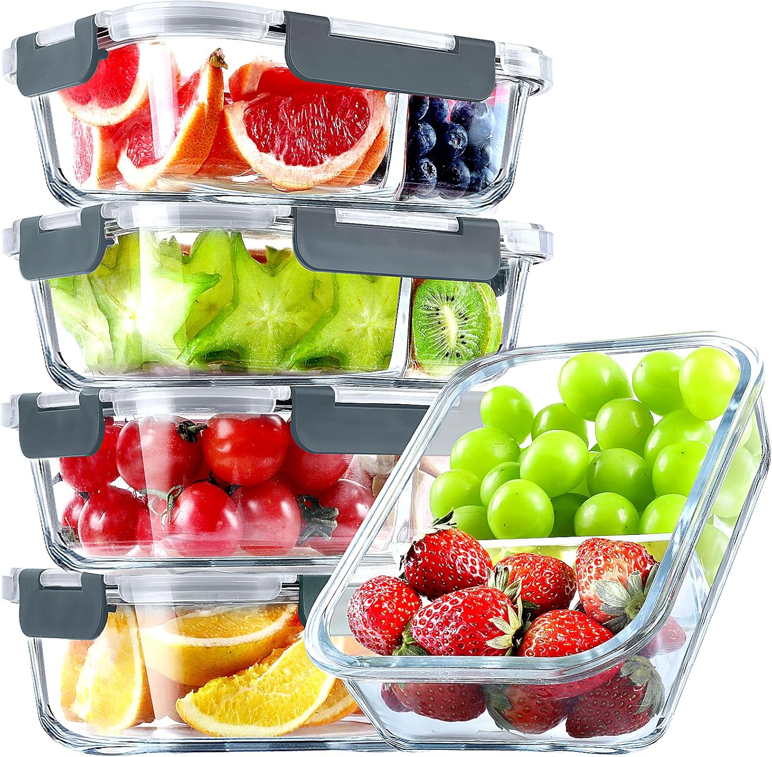 VERONES 5 Pack Glass Meal Prep Containers 2 Compartment Set, 36OZ Airtight Glass...
