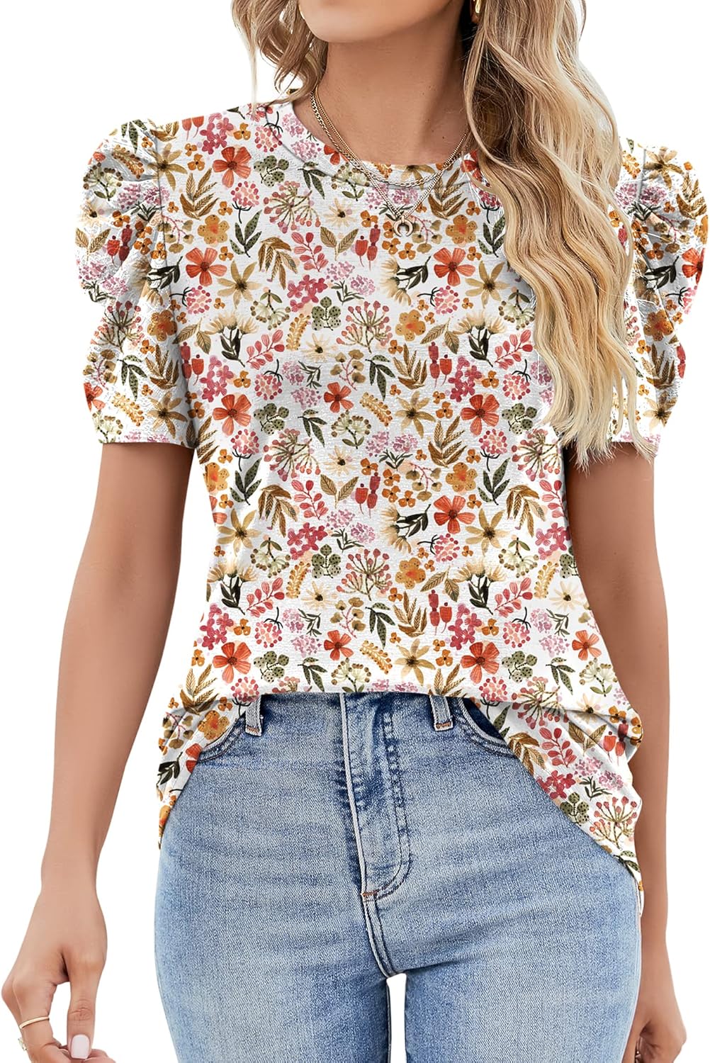 Ivicoer Puff Short Sleeve Shirt for Women Eyelet Tops Summer Crewneck Blouse Loo...