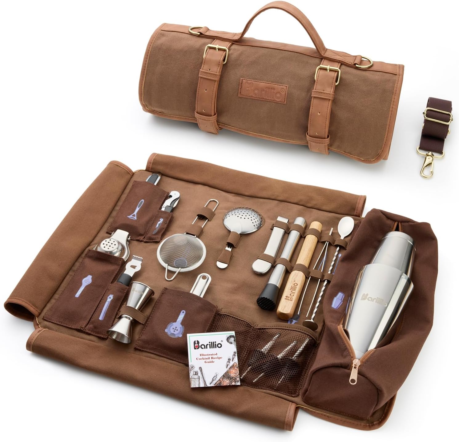 Barillio Bartender Kit Bag with Cocktail Shaker Set - Waxed Canvas, Traveling Ba...