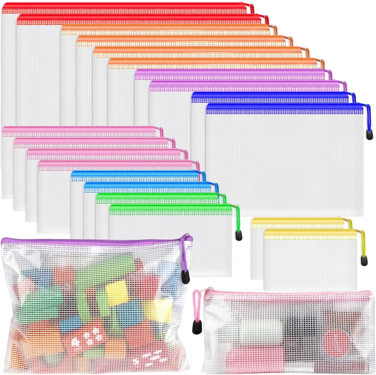 20PCS Plastic Zip Wallets, 8 Sizes Plastic File Folders Mesh Zipper Bags, Waterp...