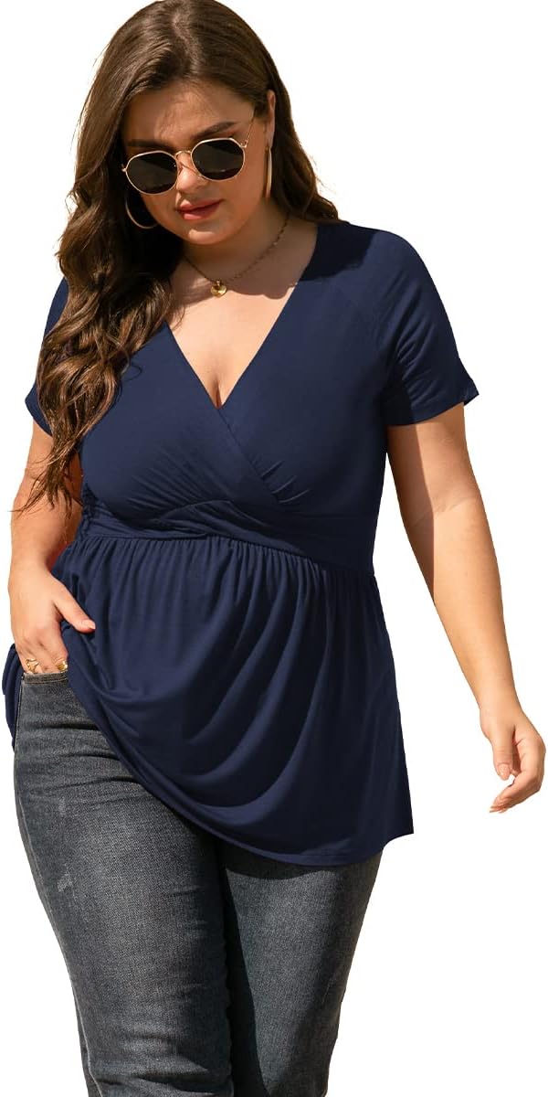 TIANZHU Women's Plus Size Dressy Tops Wrap Shirt Short Sleeve Tunic Top V Neck L...