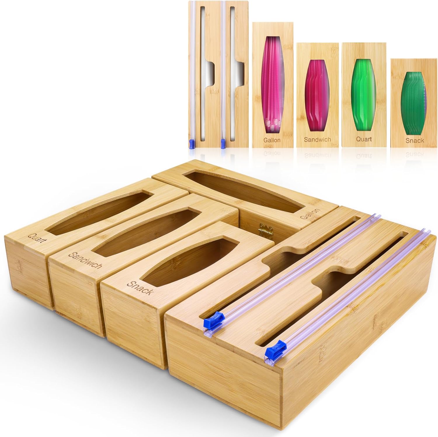 Individual Storage Bag Organizer for Kitchen Drawer, Bamboo with Foil and Plasti...