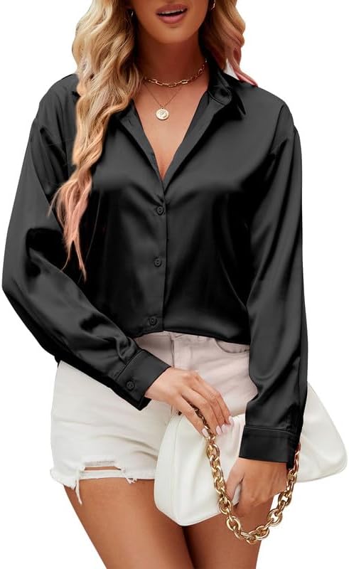 Damipow Satin Silk Button Down Shirts for Women Dress Shirts Long Sleeve Blouses...
