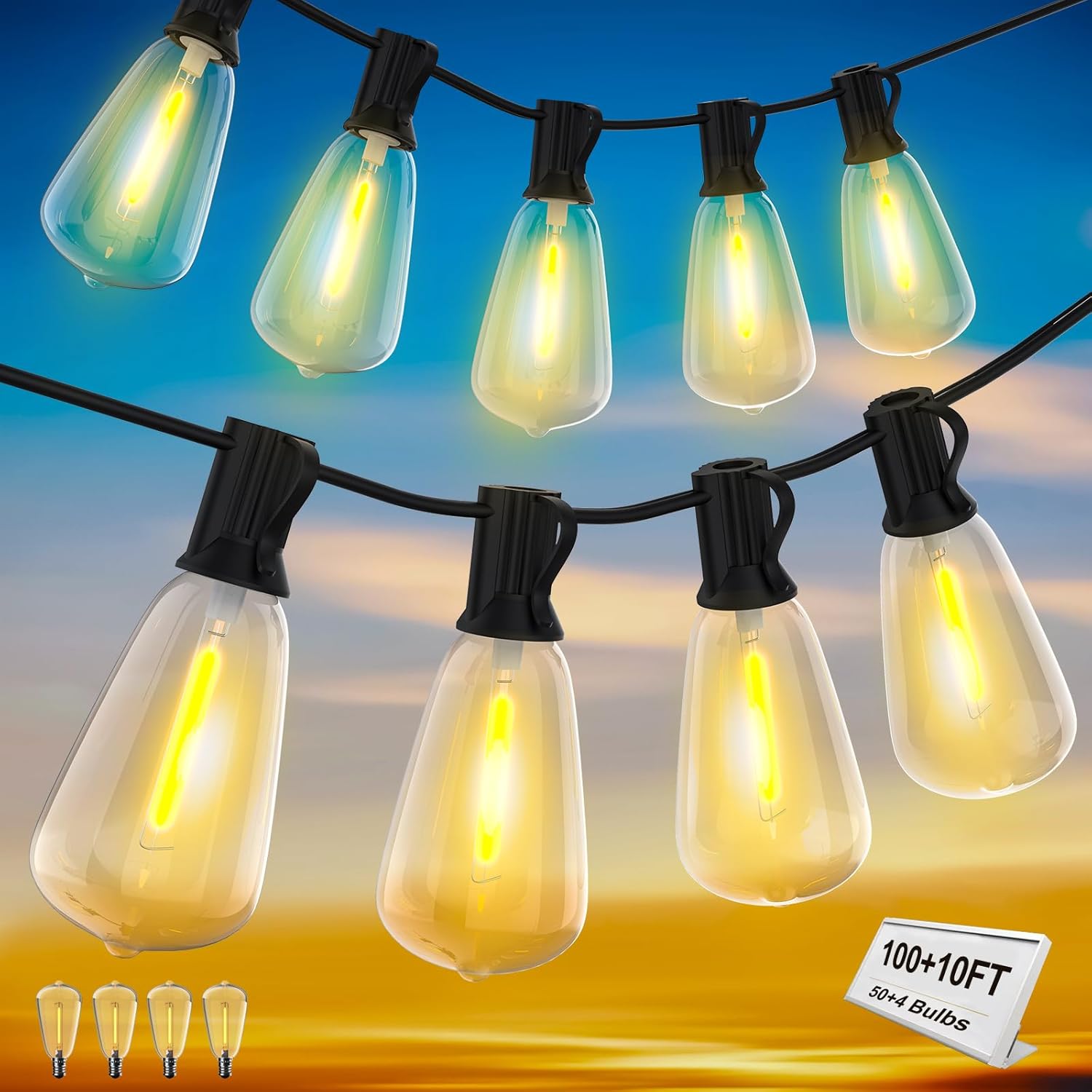 100+10FT LED Outdoor String Lights, Patio Deck Lights with 50+4 Shatterproof ST3...
