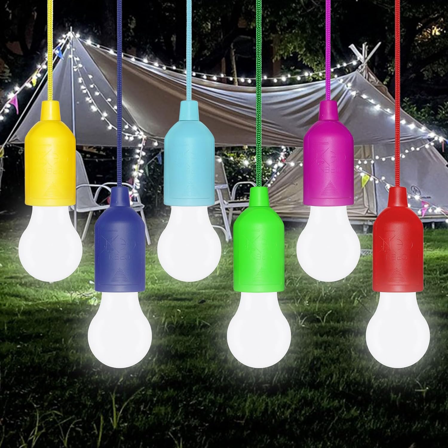 6 Pack LED Pull Cord Light Bulb, Battery Operated, Portable Hanging Pull Cord La...