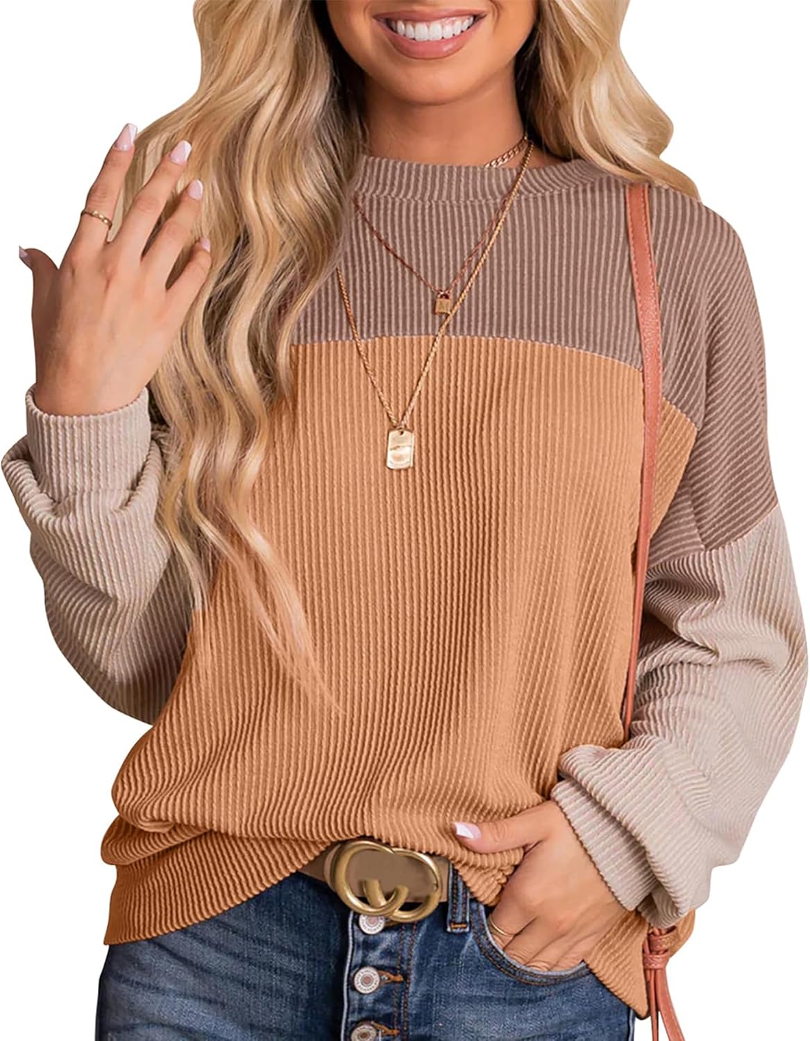 Womens Color Block Long Sleeve Crewneck Knitted Casual Loose Pullover Shirts Top...