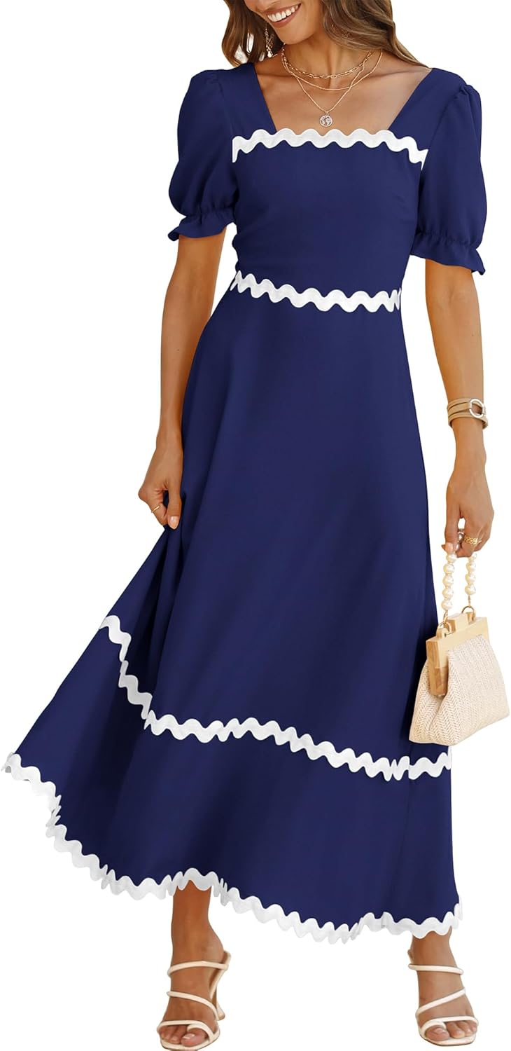 BTFBM Women's 2024 Summer Dress, Special Square Neck Dress with Short Puff Sleev...