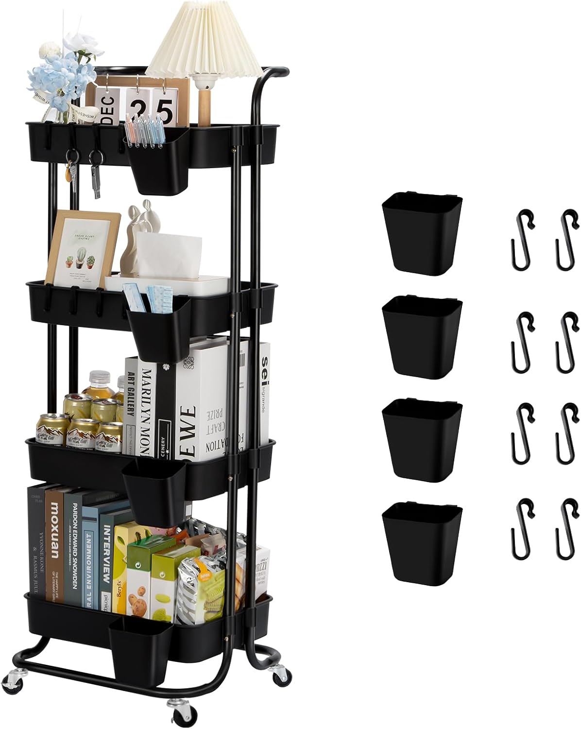 bemece Storage Trolley on Wheels, 4 Tier Trolley w...