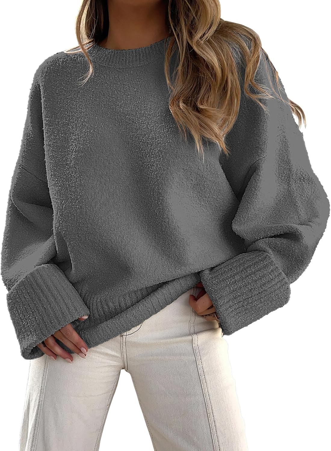 LOGENE Women's Oversized Sweater Crewneck Long Sleeve Soft Fuzzy Knit Pullover S...