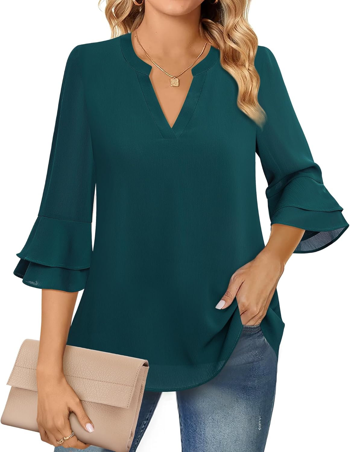 Lotusmile Womens Tops Dressy Casual 3/4 Tiered Bell Sleeve Blouses Double Layere...