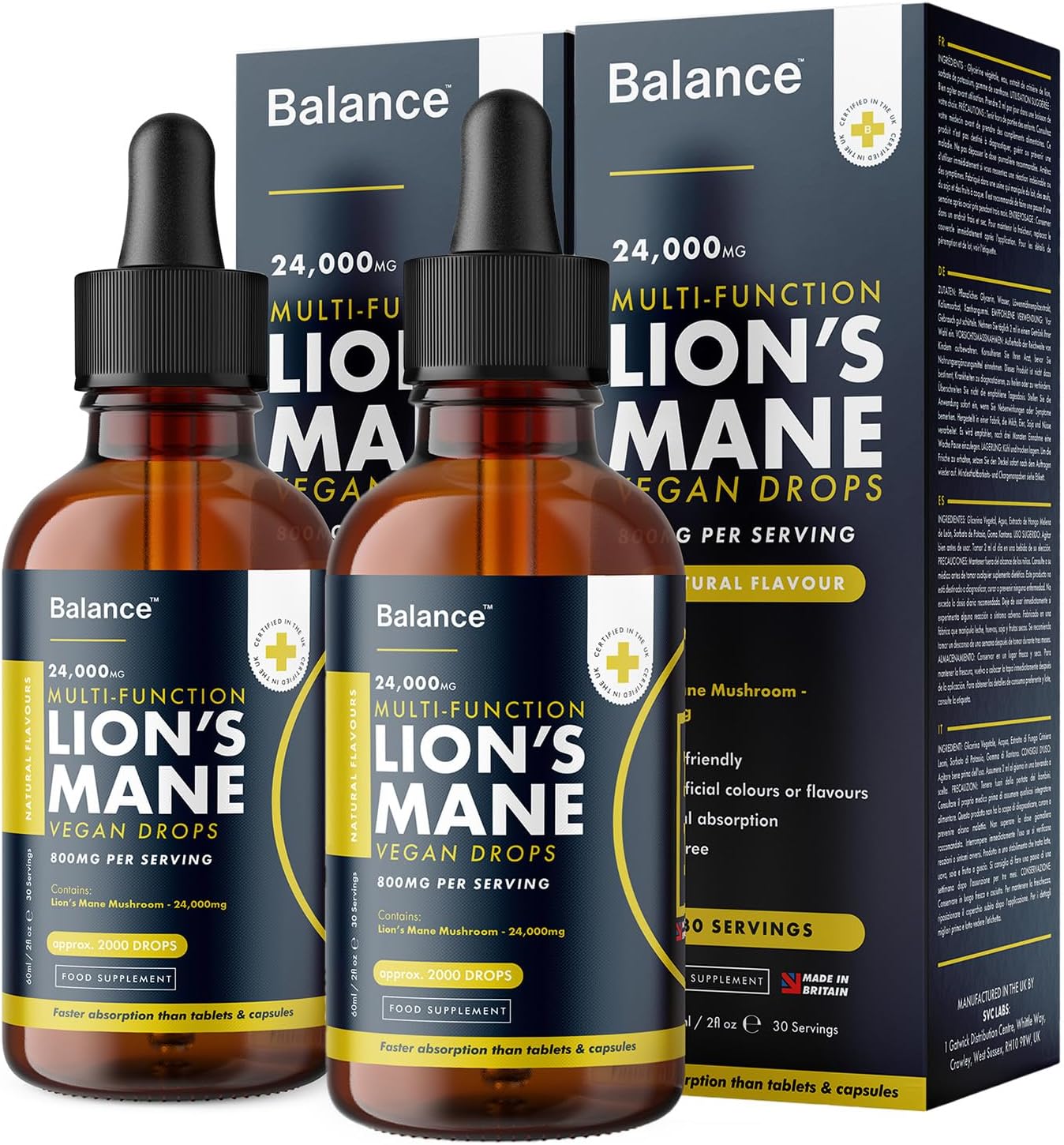 Lions Mane Supplement Liquid Drops - High Strength of 24,000mg per 60ml Bottle a...
