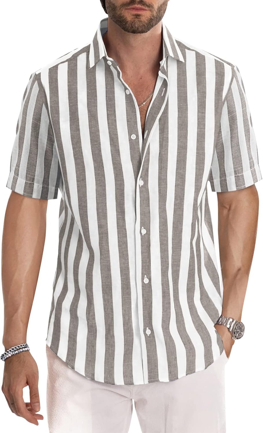 Meilicloth Men's Short Sleeve Shirts Summer Striped Casual Shirt Button Down Reg...