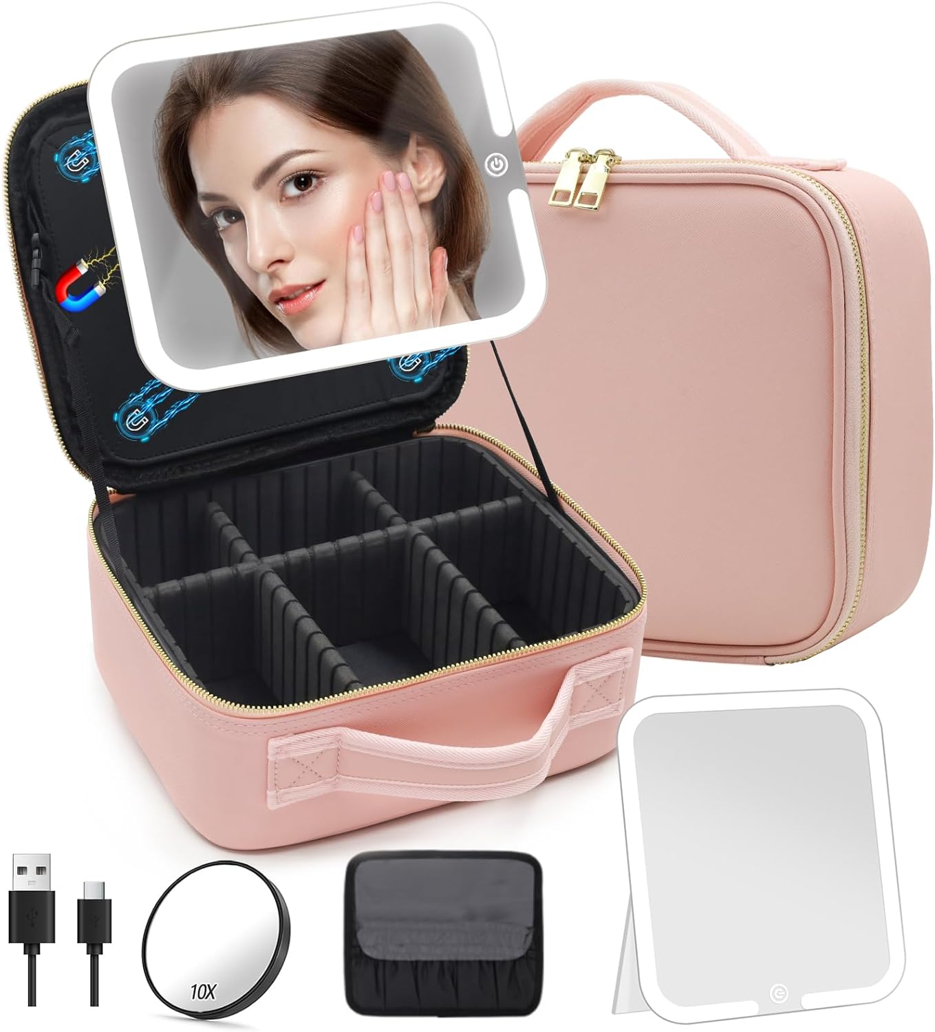 Travel Makeup Bag Cosmetic Organizer Bag with Large Magnetic Removable Lighted M...