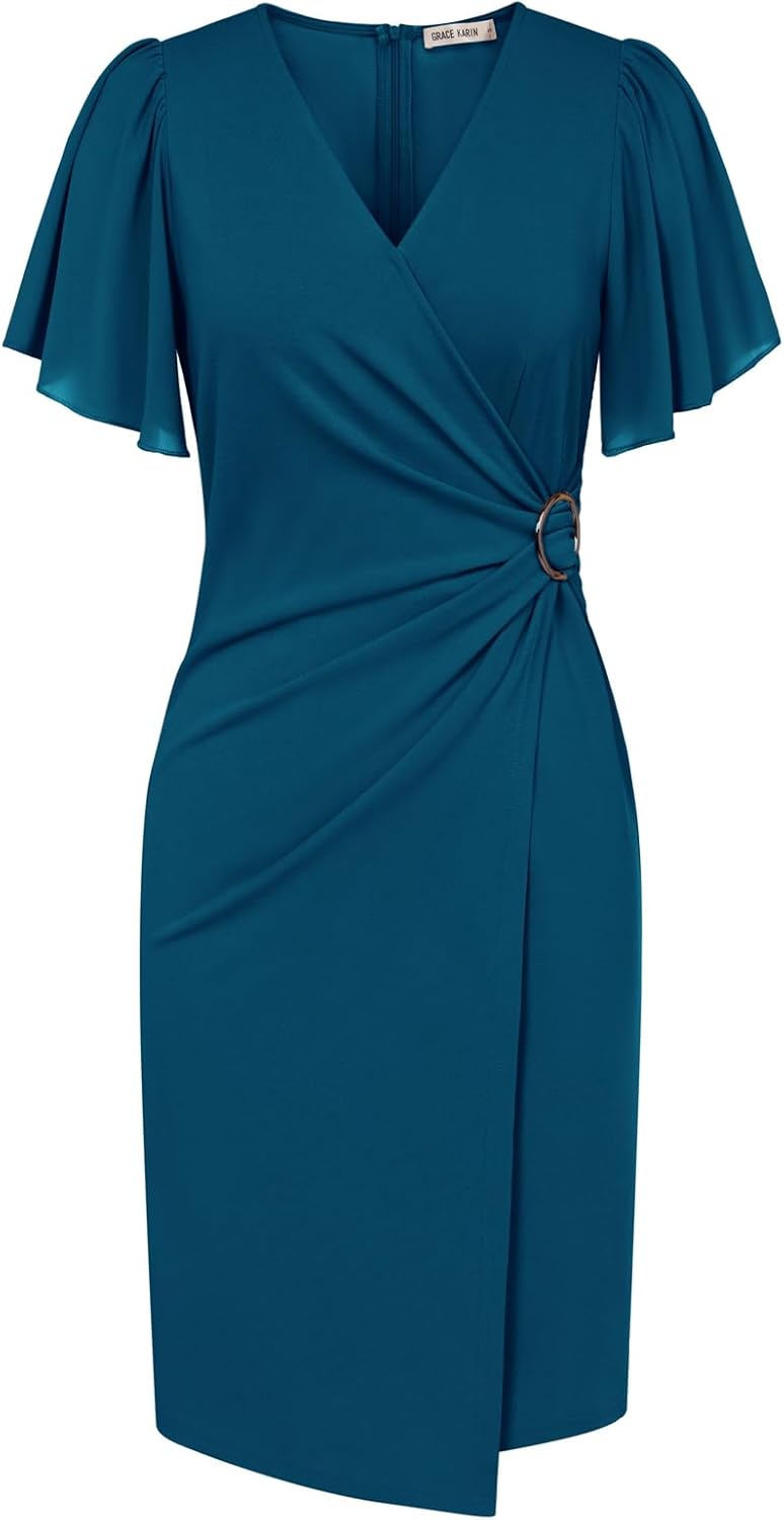 GRACE KARIN Bodycon Dresses for Women UK Ladies Summer V-Neck Chiffon Short Slee...
