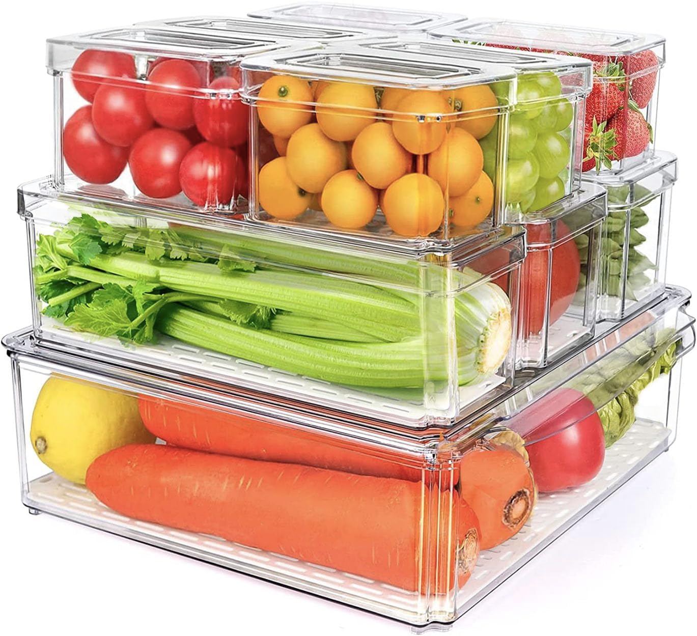 MYXKHYLL Set of 10 Fridge Organisers with Lids, Stackable Vegetable Fruit Storag...
