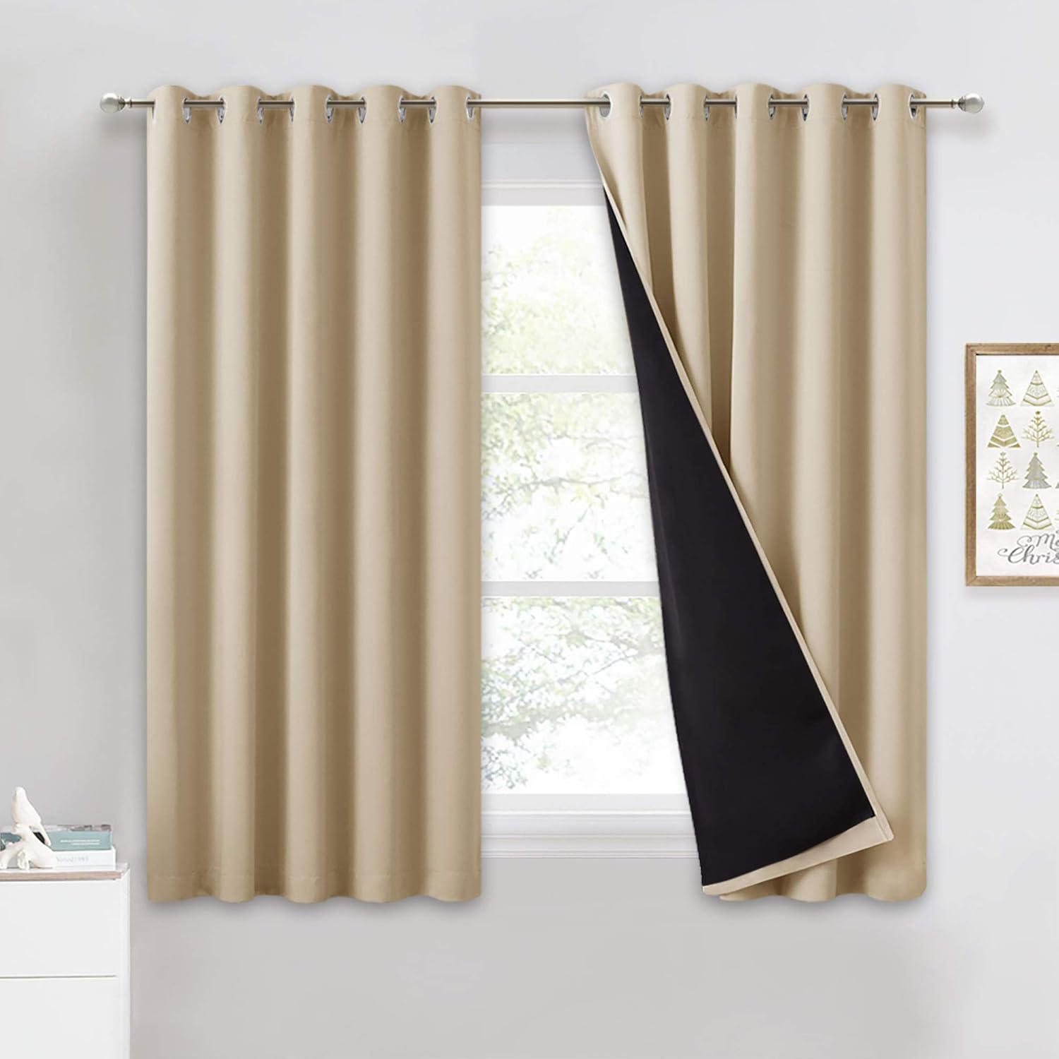 PONY DANCE Beige Curtains - Full Blackout Curtains - Eyelet Top Curtains with Li...
