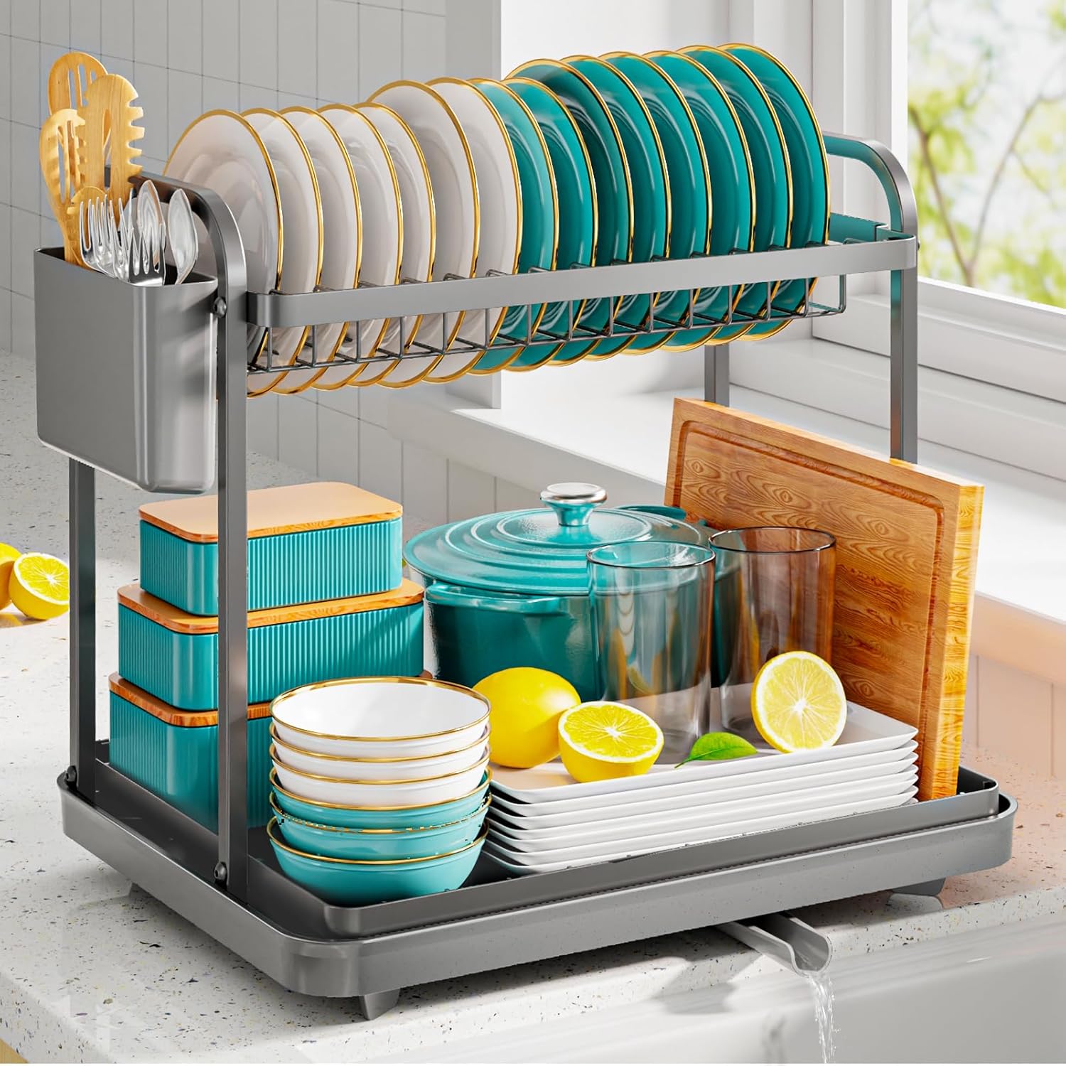 Kitsure 2 Tier Dish Drainer, Multifunctional Dish Drainer Rack, Rustproof Kitche...