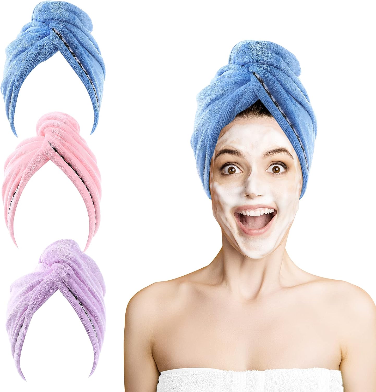 ROSSHINE Microfiber Hair Towel, 3 Pack Hair Turban Towels 65x25 cm Hat Cap, Anti...
