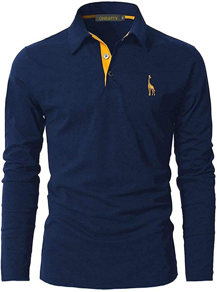 GNRSPTY Mens Polo Long Sleeve Shirt Cotton Golf Giraffe Tops XL Navy