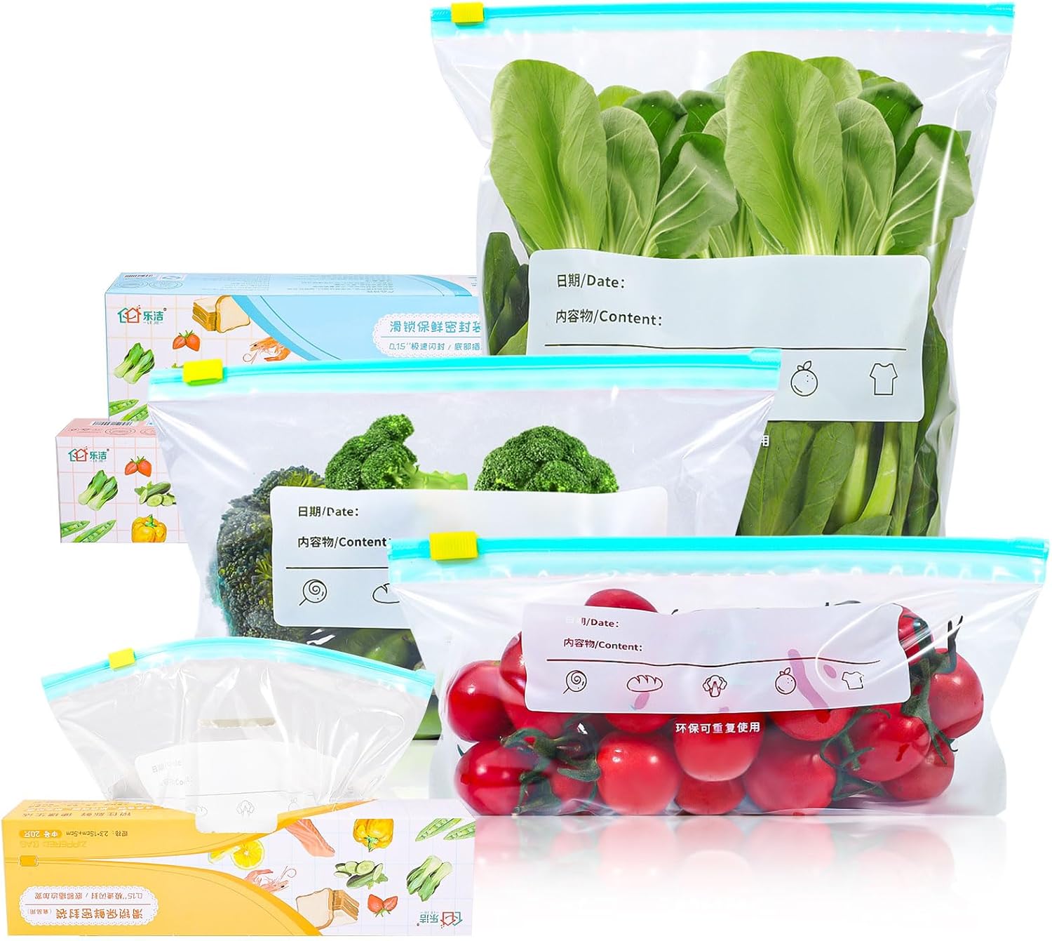 60 Pcs Food Storage Freezer Bags, Zip Lock Bags Resealable Food Bags with Expand...
