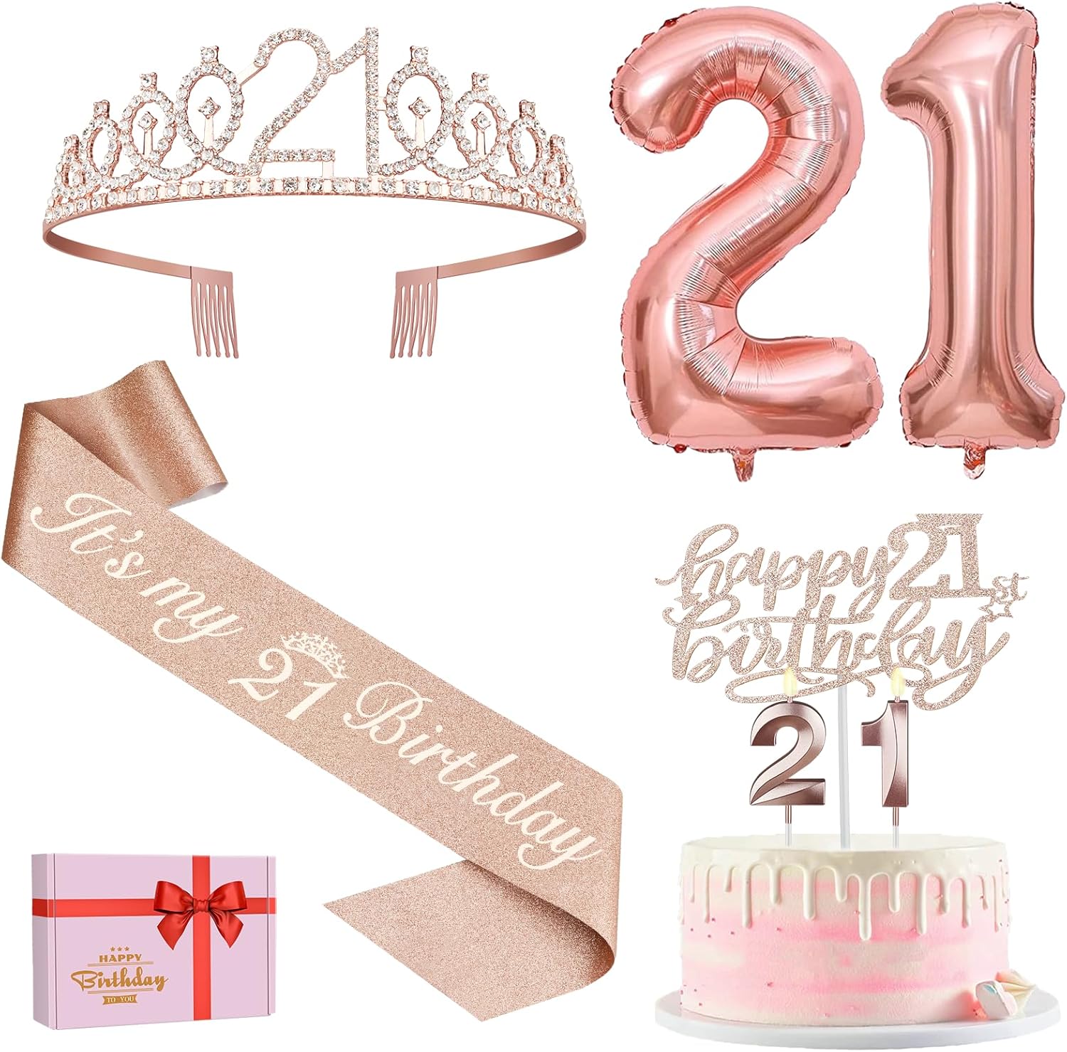 21st Birthday Decorations for Her, Including 21st Birthday Sash, Tiara/Crown, Ca...