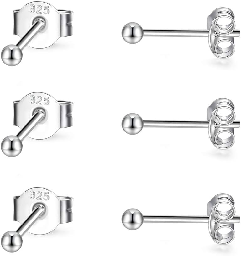 CERSLIMO 3 Pairs Sterling Silver Stud Earrings for Women Men Girls 2mm Tiny Roun...