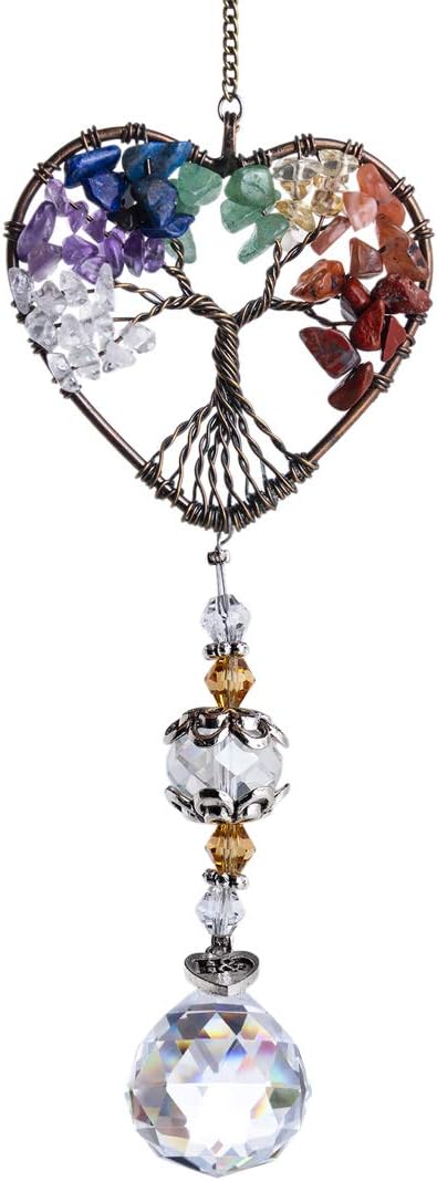 Glass Suncatcher Crystal Pendant Rainbow Maker Colorful Heart Shaped Life Tree H...