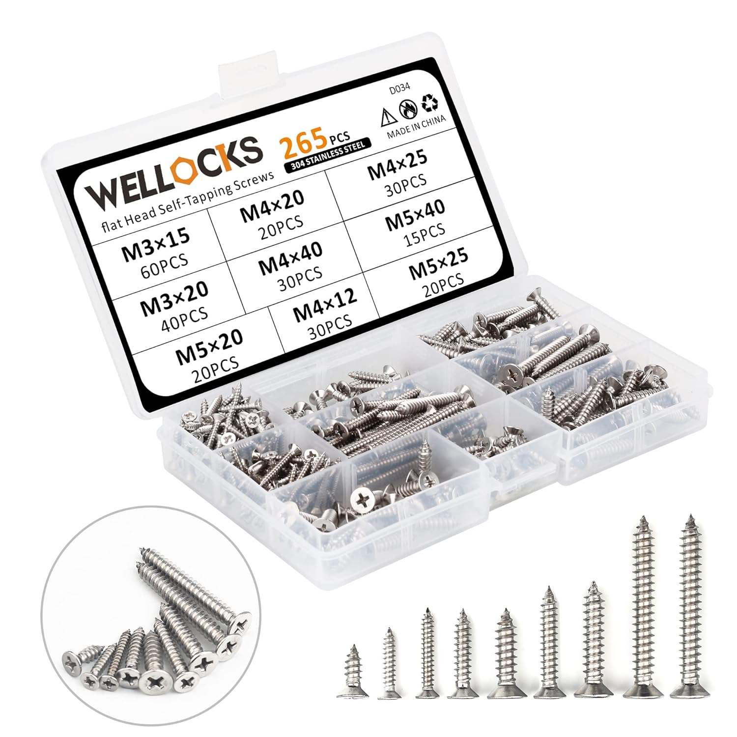 WELLOCKS Assorted Self Tapping Screws | 265 PCS M3/M4/M5 Stainless Steel Screws...