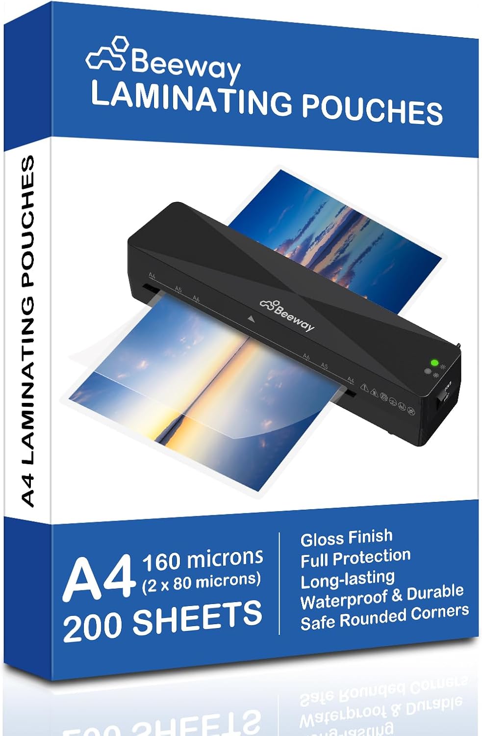 BEEWAY A4 Laminating Pouches - 200 Sheets, 160 Micron (2 x 80 Micron), Glossy Fi...