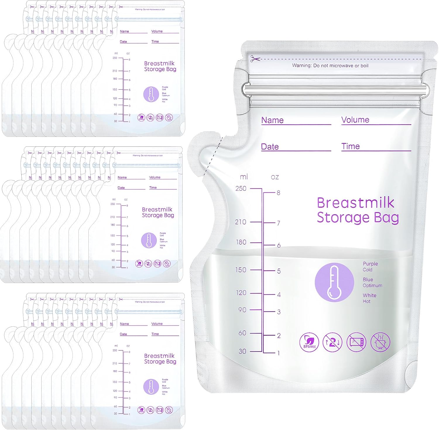 50 Pcs Breastmilk Storage Bags, 8oz Temp-Sensing Milk Storing Bags with Easy Pou...