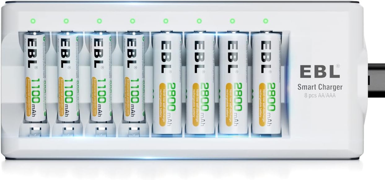 EBL Upgraded Independent 8 Bays AA AAA Battery Charger with 4 X 2800mAh AA Batte...