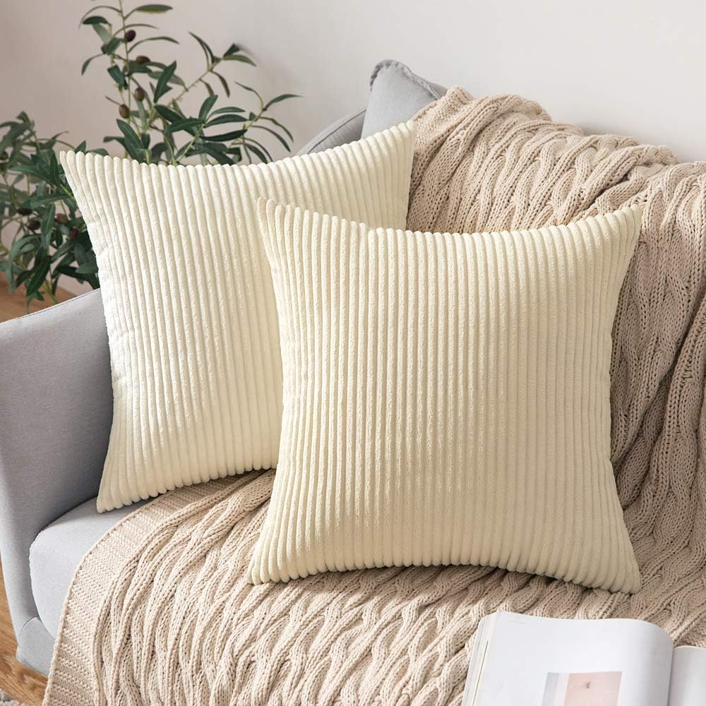 MIULEE Set of 2 Striped Corduroy Square Throw Pillow Case Soft Cushion Cover Sha...