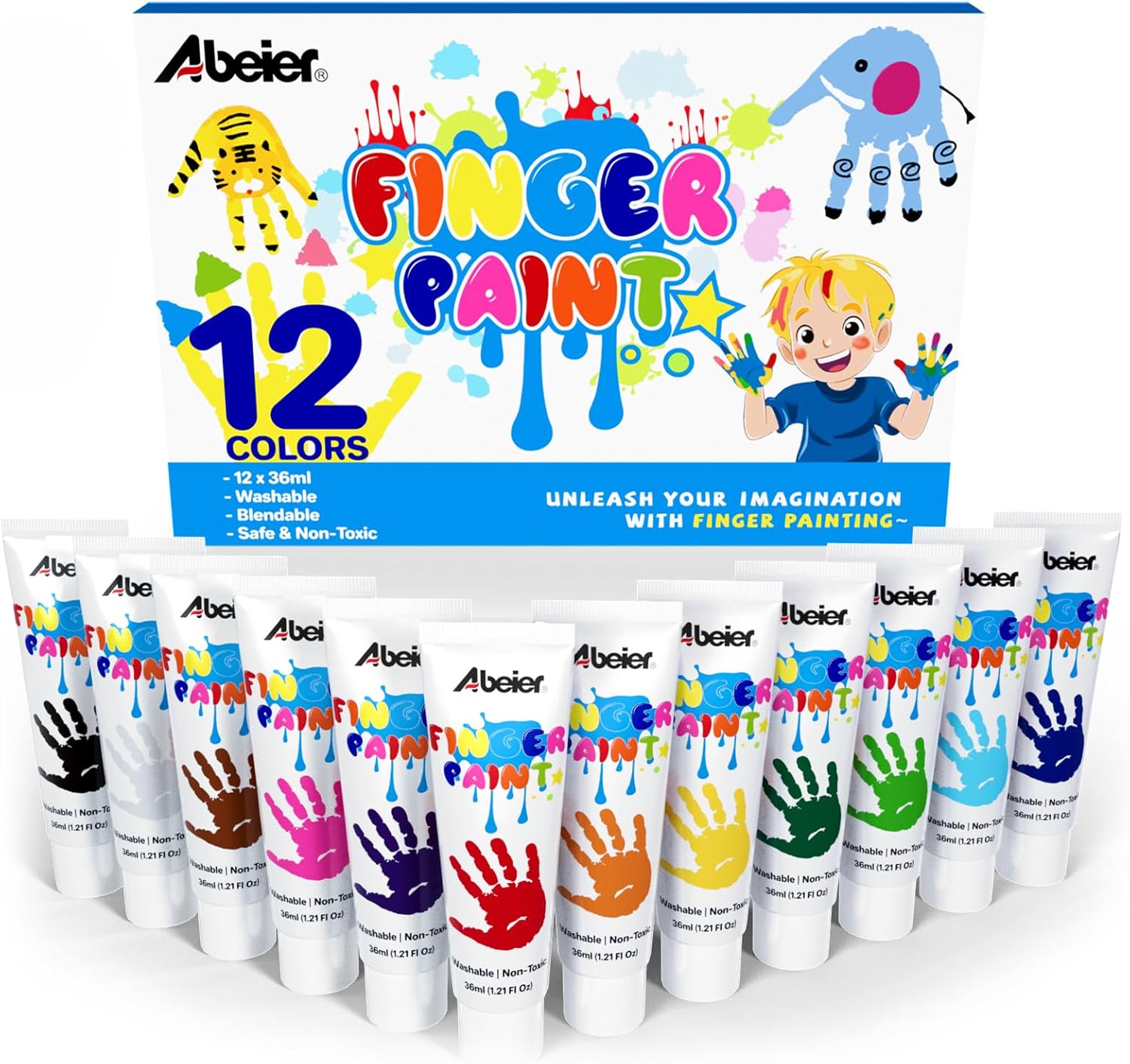 ABEIER Finger Paint for Toddlers, Non-Toxic, 12 Vibrant Colors (1.21fl oz), Baby...