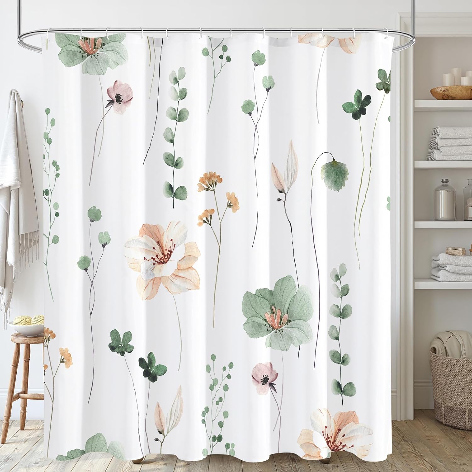 Gibelle Watercolor Floral Shower Curtain, Sage Green Beige Flower Shower Curtain...