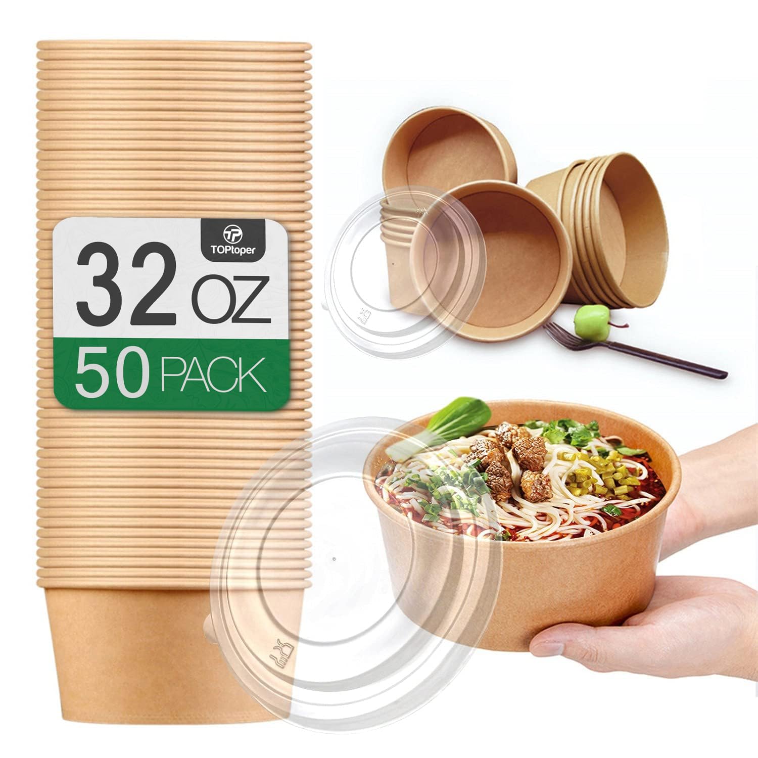 50 Pcs 32 Oz Large Paper Bowls with Lids, Disposable Soup Serving Bowls Bulk Par...