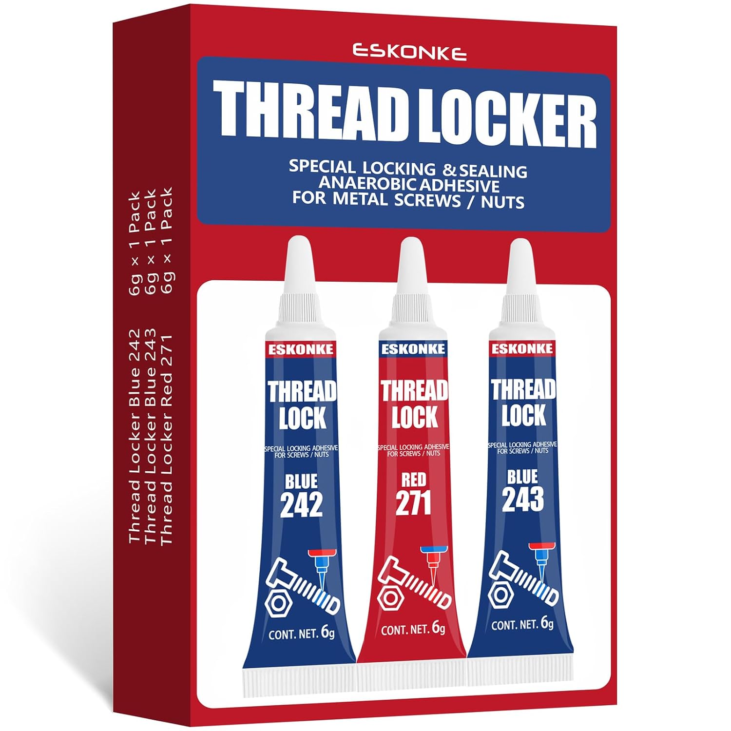 ESKONKE 3 Pack Thread Locker, Special 242 243 Blue Threadlocker and Red Threadlo...
