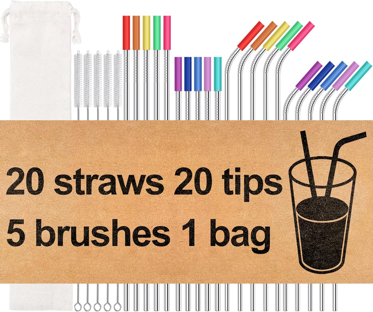 20 Pack Reusable Stainless Steel Metal Straws,10.5" & 8.5" Reusable Drinking Str...