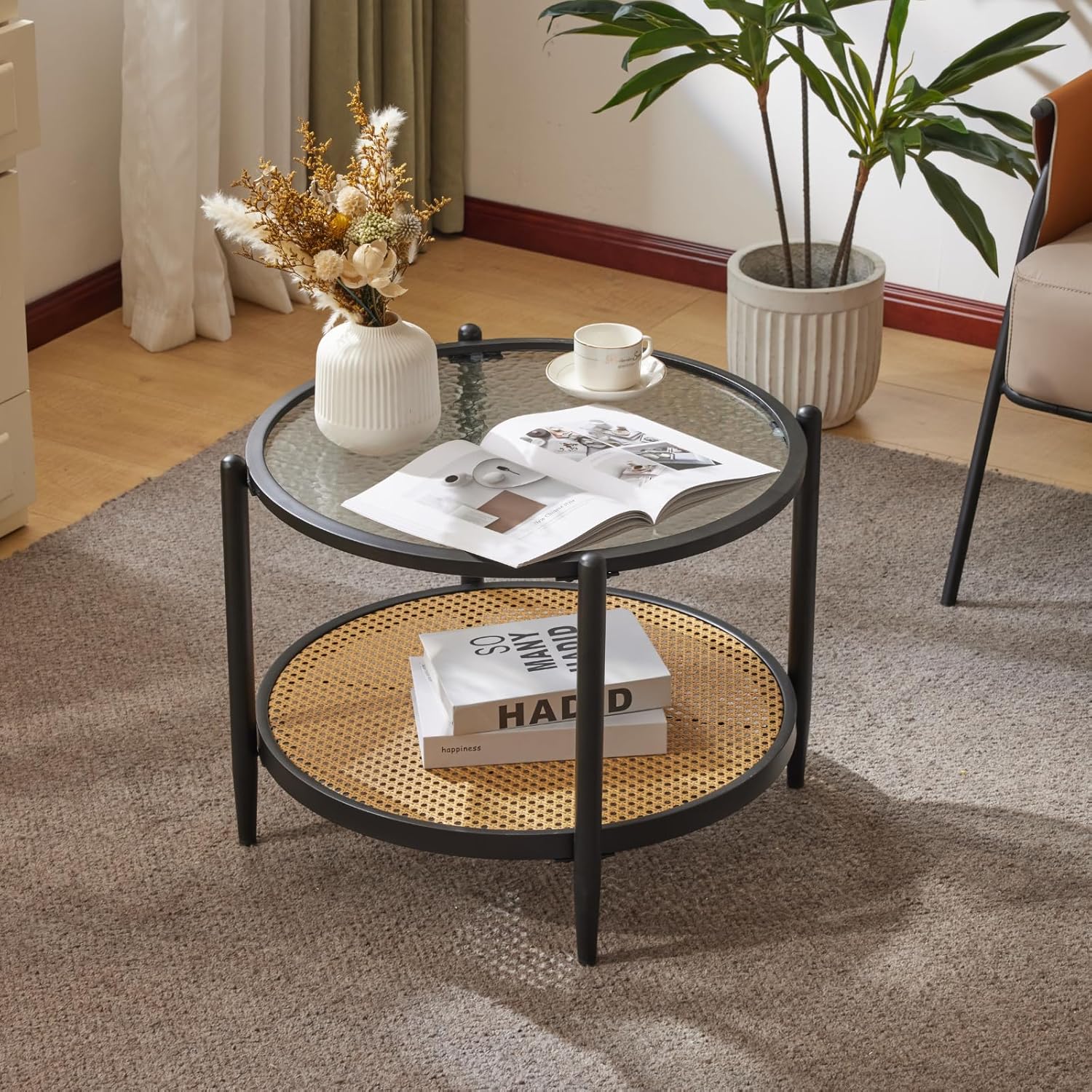 VINGLI Black Rattan Coffee Table, Unique Round Water-Wave Glass Metal Center Tab...