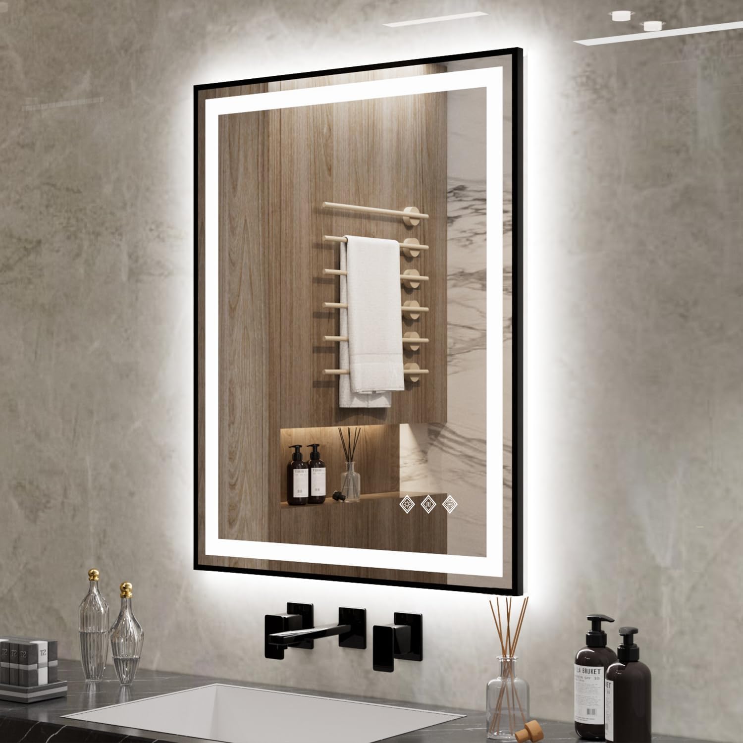 LED Bathroom Mirror, High-Quality Bathroom Mirror with 28x36 Inch Black Frame, S...
