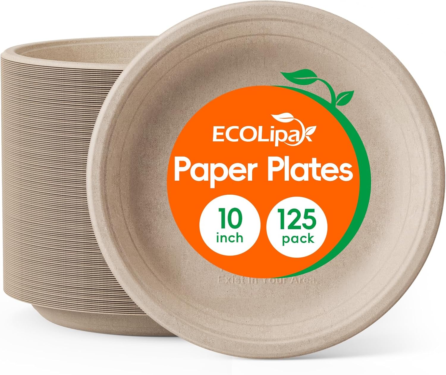 ECOLipak 125 Pack Paper Plates 10 inch 100% Compostable Plates Heavy-Duty Dinner...
