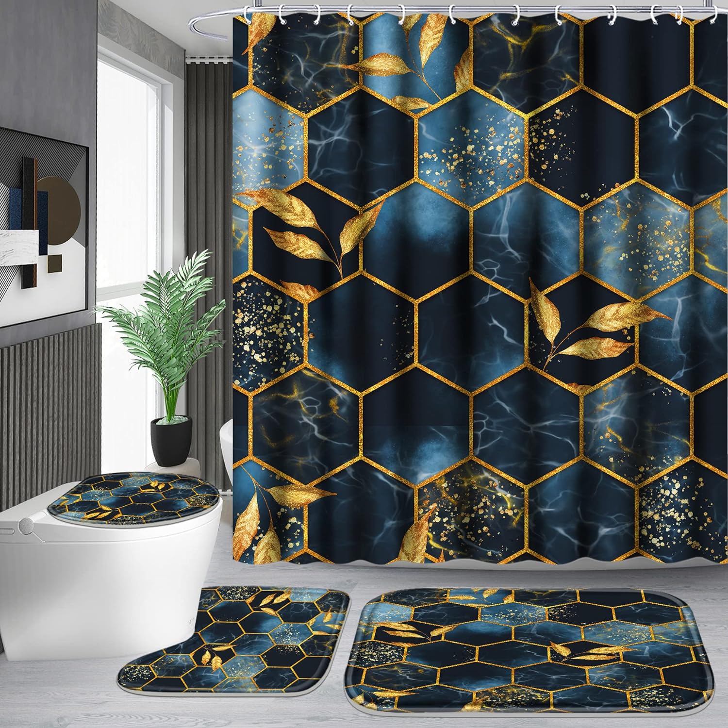 Poedist 4 Pcs Bathroom Shower Curtain Set,Bathroom Sets with Rugs(Bath Mat,U Sha...